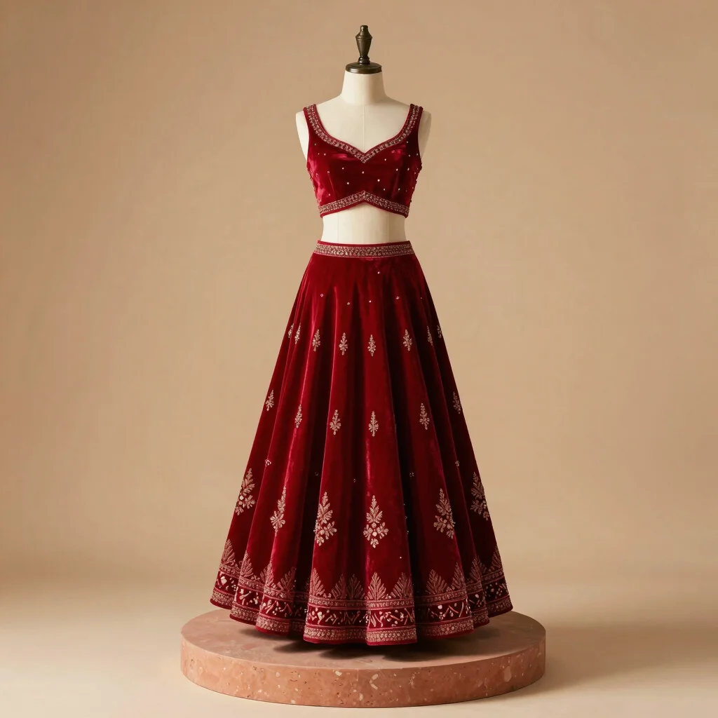 Ruby Red Velvet Embroidered Lehenga