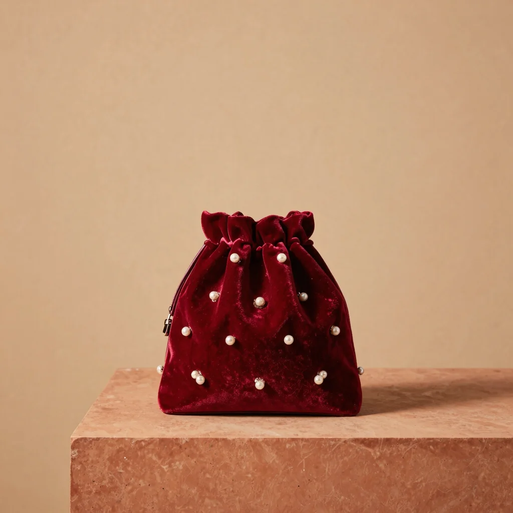 Crimson Velvet Pearl Embroidered Potli Bag